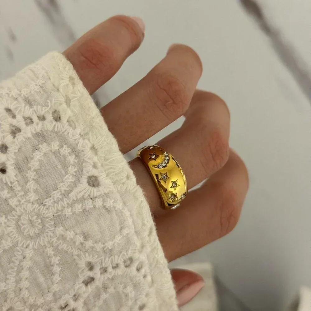 SKU:0113 gold ring zircon stone vintage vibe‎ moon stars sun stainless steel